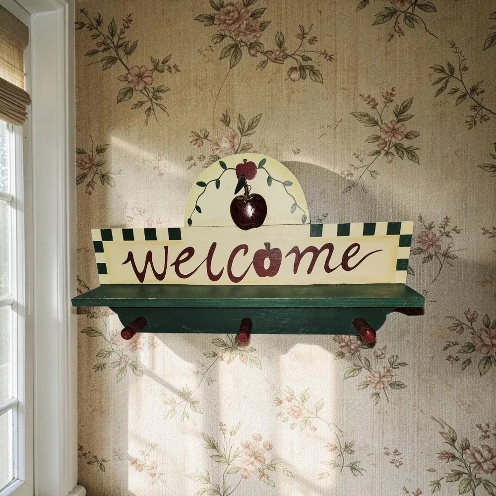 Vintage Country Apple Welcome Wall Shelf Coat Key Rack 3 Peg Wooden Farmhouse